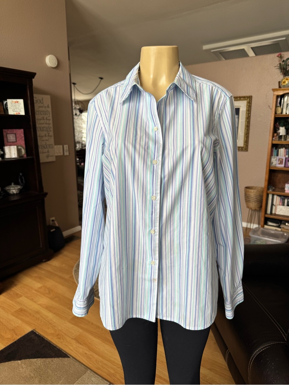 Foxcroft wrinkle free striped button up the front shirt-size 16